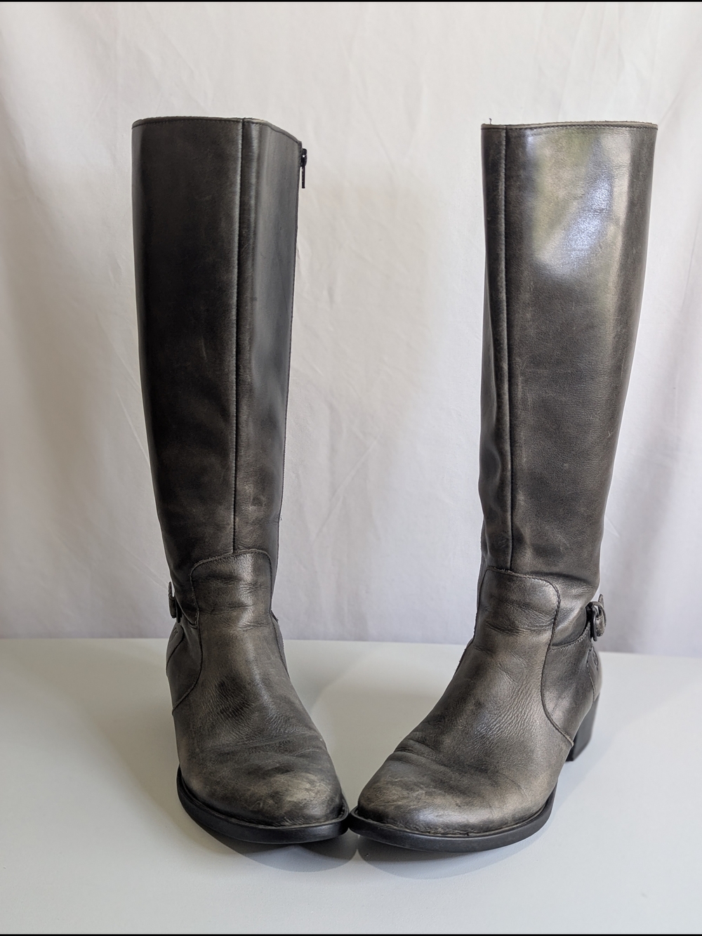 Børn Leather Tall Riding Boots Distressed Grey Knee High Buckle 8.5
